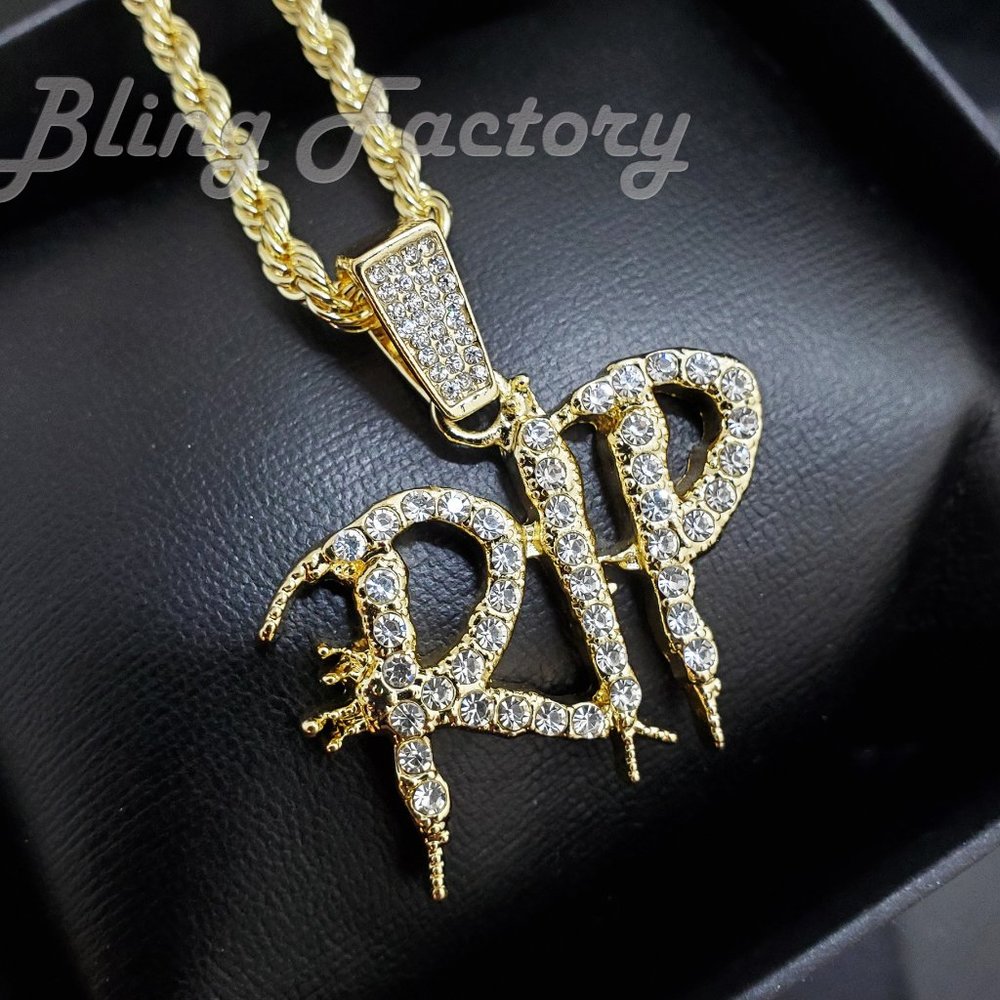 Rest In Peace Iced RIP & 24" Rope Chain Necklace
